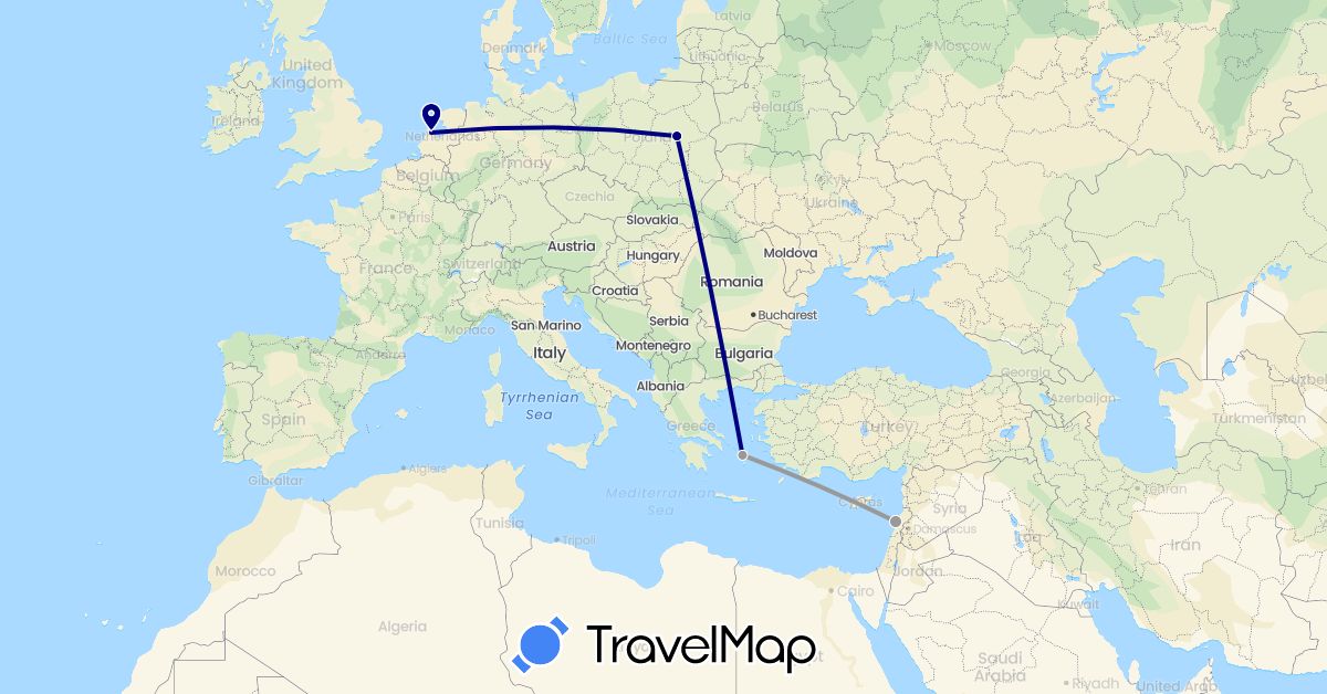 TravelMap itinerary: driving, plane in Greece, Lebanon, Netherlands, Poland (Asia, Europe)